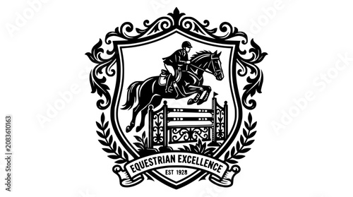 Foto Equestrian excellence show jumping horse crest logo.