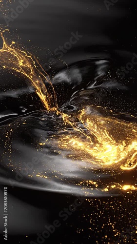 Macro of viscous glossy black liquid with drifting concentrated molten gold loop / 漆黒の流体に純金のエッセンスがゆっくり溶け合う重厚な高級抽象ループ3