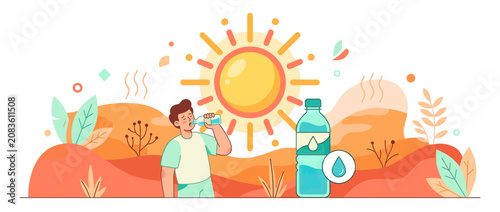 Foto Man drinking water under hot sun, hydration concept, summer heat, cool drink