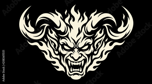 Fotografie Fierce Demon Face with Flaming Horns and Angry Expression on Black Background