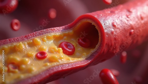 Close view of red blood cells flowing through narrow artery with buildup of yellow cholesterol plaque. Arterial wall shows damage, narrowing reducing blood circulation. Medical illustration of