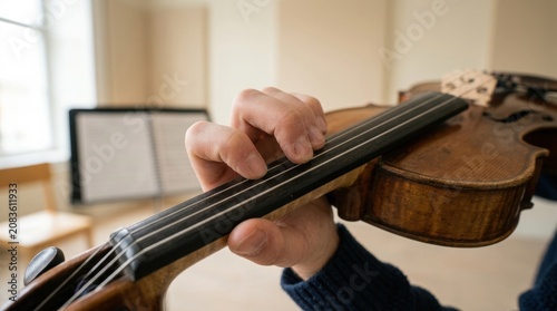 A person's hands playing a stringed instrument, possibly violin or cello