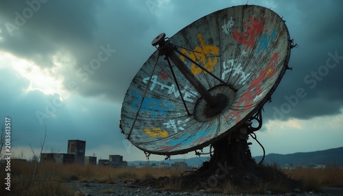 Old satellite dish covered in graffiti sits in abandoned urban area. Rusty metal antenna receives signal. Communication tech falls into disrepair.