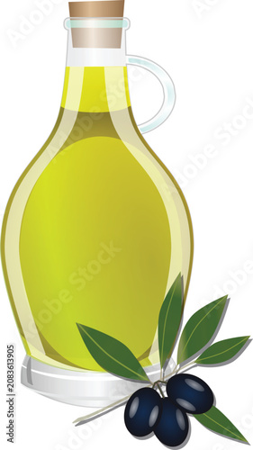 Glass Bottle of Extra Virgin Olive Oil with Black Olives and Leaves Vector Illustration
