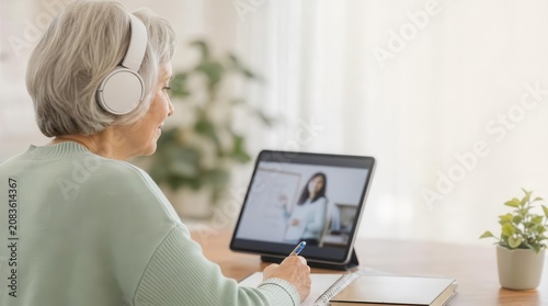 Senior woman learning online using headphones and tablet