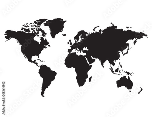Minimalist black world map vector illustration, global continent silhouette, flat earth geography graphic, international travel and business concept.