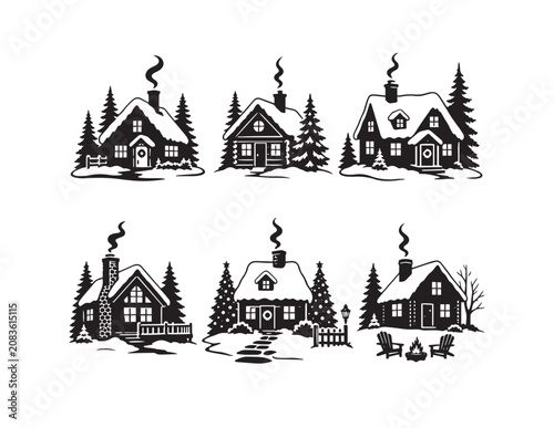Winter cabin vector collection, cozy snowy house illustrations, rustic holiday home designs, charming Christmas village graphics for seasonal projects