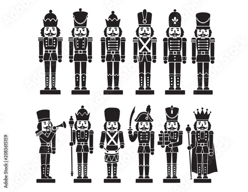 Elegant Nutcracker vector icon set, classic Christmas toy soldiers, festive holiday season characters, traditional winter celebration design elements, black and white silhouette collection