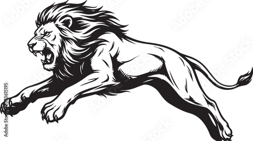 Running lion in motion, fierce animal illustration