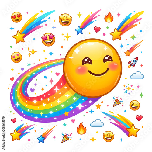Принти на полотні Smiling Yellow Emoticon Surrounded by Colorful Emojis and Rainbow