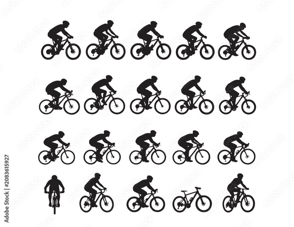 Fototapeta premium Dynamic cycling silhouette vector set, 20 black bicycle rider icons, active lifestyle and sports illustration, versatile graphic resource for fitness and outdoor activity designs
