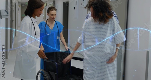 Nurse placing wheelchair pregnant patient sitting for hospital transfer, blue waves overlaying