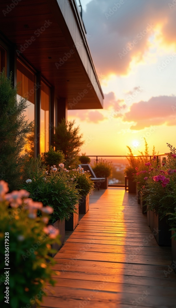 Fototapeta premium Modern terrace with potted plants at sunset. Wooden deck reflects warm golden light from sun setting over distant cityscape. Rich greenery and flowers adorn balcony space.
