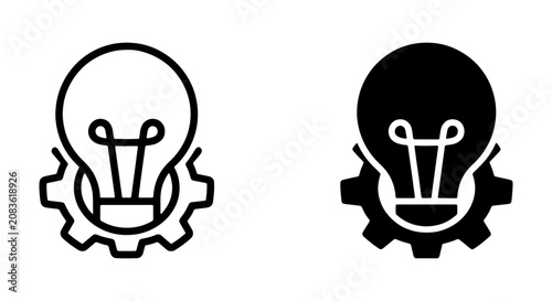Innovation Idea Icons, Lightbulb Gear Symbol, Creative Solution Concepts, Black and White Vector Graphics