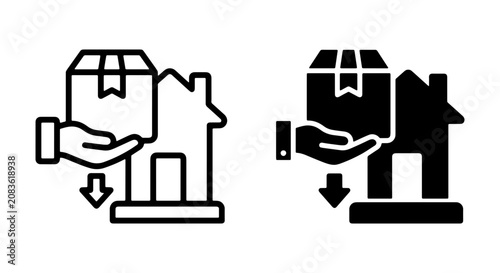 Delivery Icons: Hand Holding Package to House, Shipping Service Vector Graphics, Logistics and Moving Symbols