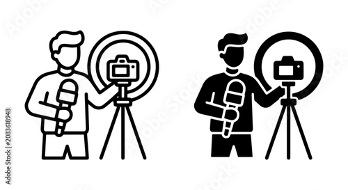 Vlogger Icon Set: Microphone, Ring Light, Camera, Tripod, Blogger, Content Creator, Interviewer, Journalist, Podcaster, Media Production