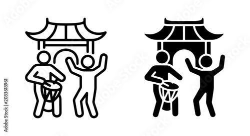Asian Festival Celebration Icons, Drumming Performers and Traditional Architecture, Vector Graphics for Cultural Events