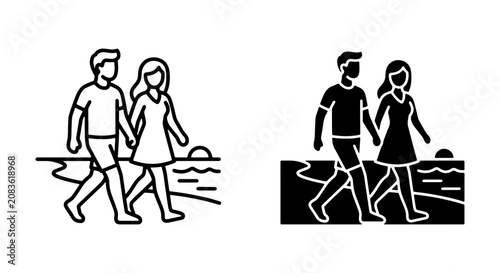 Couple Walking Beach Sunset Icons, Romantic Seaside Stroll Vector Art, Love Couple Leisure Time Graphics