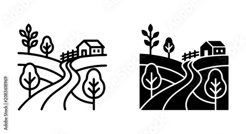 Rural Landscape Icons: Farmhouse, Trees, Winding Path, Hills, Vector Set