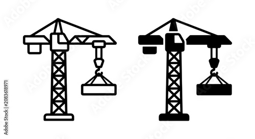Construction Crane Icons, Building Industry Machinery, Industrial Lifting Equipment, Heavy Duty Engineering Vector Set