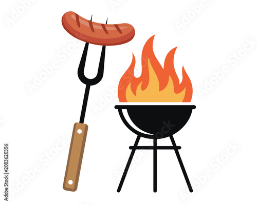 Grilled sausage on a black barbecue with fire
