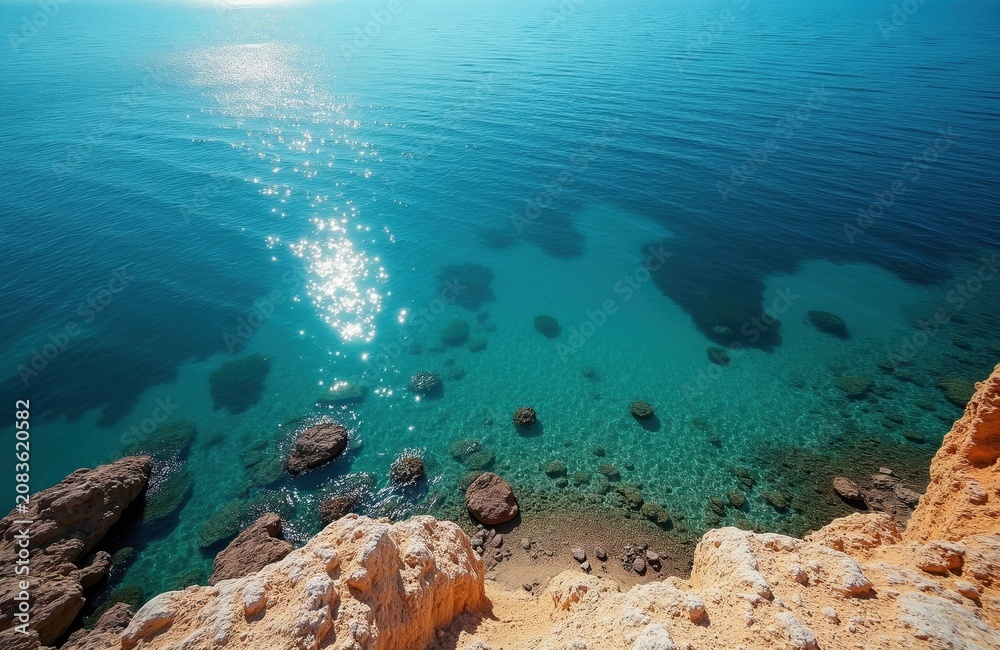Fototapeta premium Rocky coast meets clear turquoise ocean under bright sunlit sky. Shallow clear water reveals stones beneath surface. Calm sea reflects light shimmering waves. Idyllic summer landscape.