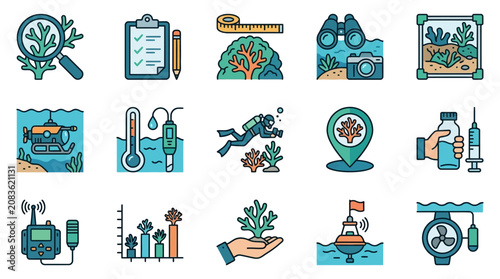 Quadro su tela Set of 67 editable coral reef monitoring icons for underwater research and marin