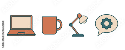 4 work from home and remote work line icons. Includes laptop computer, coffee mug, desk lamp and chat bubble with gear settings. Warm burnt orange and cream color palette with dark teal outline.