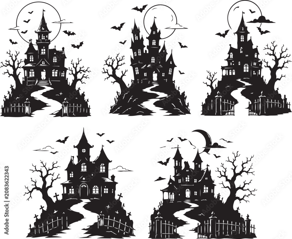 Obraz premium Set of 5 Haunted House Black and White Halloween Vector Illustrations Isolated on White Background