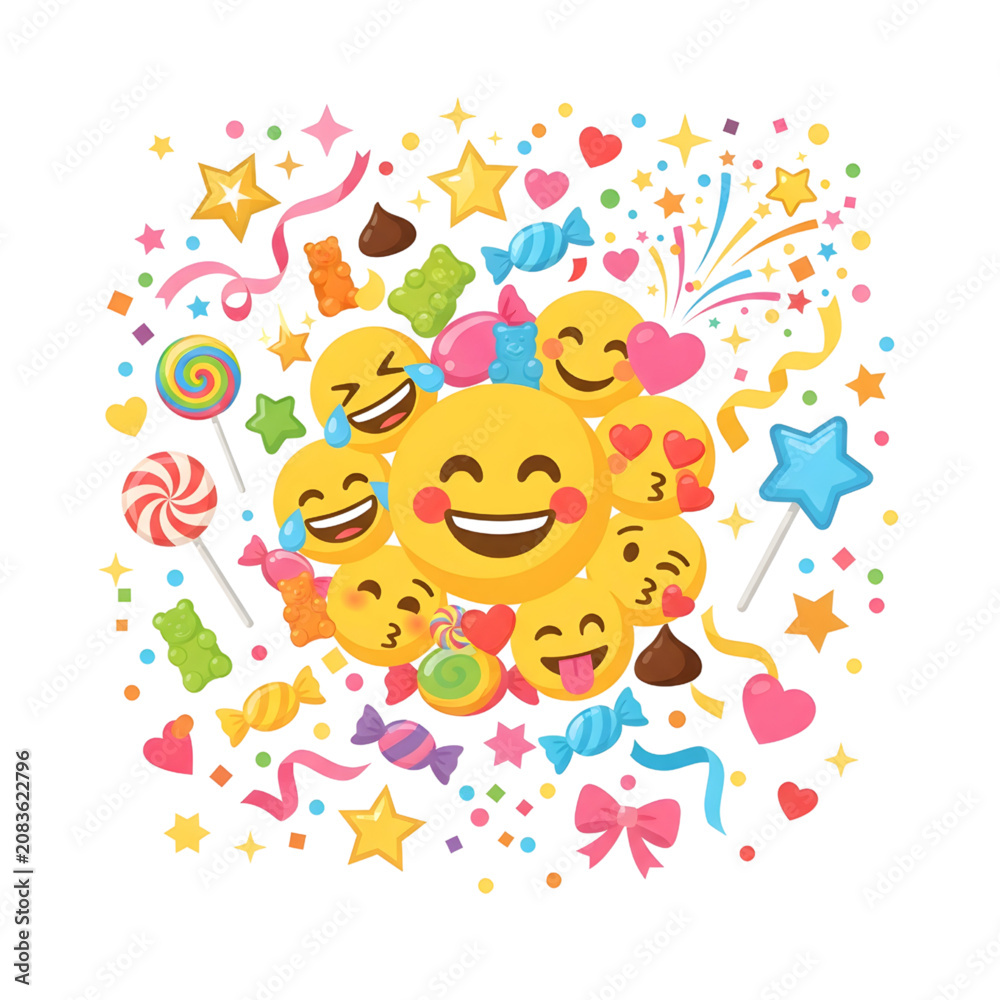 Fototapeta premium Colorful Emoticons Surrounded by Party Decorations and Candy