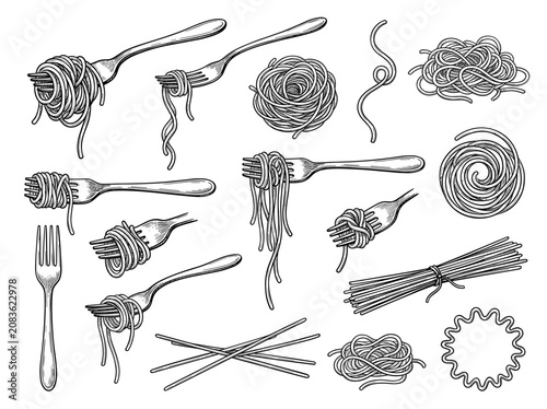Vintage hand drawn sketch set of fork with spaghetti pasta noodle on white background, italian food concept
