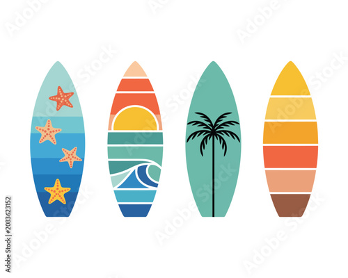 Colorful surfboards with beach illustrations