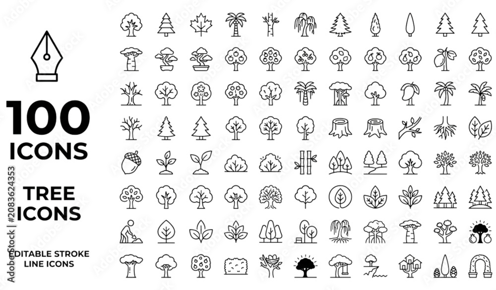 Fototapeta premium Tree Outline Icons Set – Nature and Forest Editable Stroke Line Vector Collectio