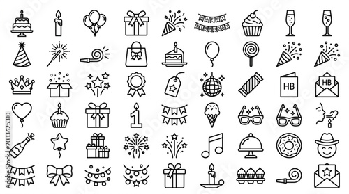 A collection of various party and celebration icons are shown in black line drawings.