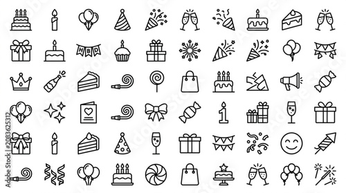 Party icons depict celebrations with gifts and food indoors
