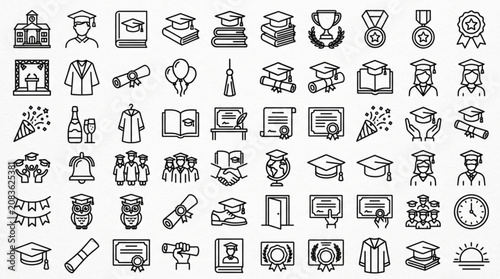 Graduation ceremony icons depict various education symbols and awards on a uniform background