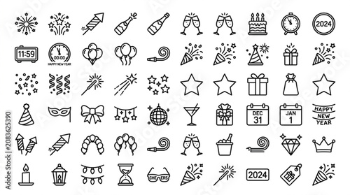 A festive scene with various party symbols and icons on a white background.