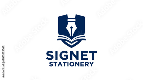 Foto Fountain pen nib and open book shield stationery logo.