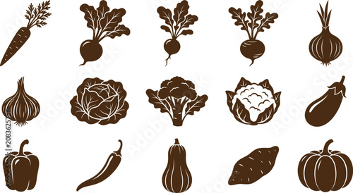 Photos A comprehensive collection of fifteen distinct vegetable icons rendered in a solid dark brown silhouette style arranged in a neat three by five grid
