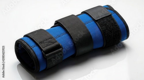 Ankle brace for powerlifting featuring a blue and black design with adjustable straps, displayed on a reflective surface for product visibility and detail