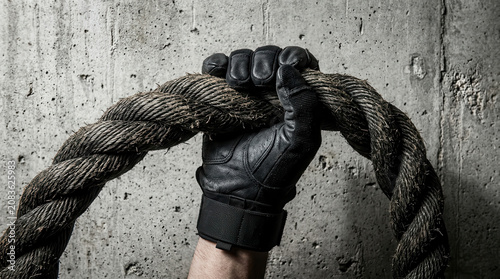 Hand gripping battle rope with black gloves against a textured concrete wall, showcasing strength training equipment for fitness enthusiasts and athletes