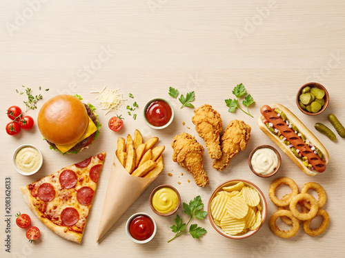 Fast Food Assortment Flat Lay with Burger Pizza Fried Chicken Hot Dog Fries and Onion Rings