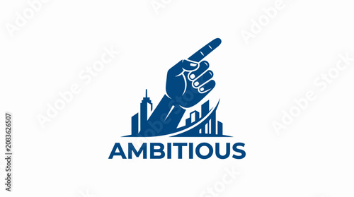 Obraz na płótnie Ambitious logo with pointing hand over city skyline.