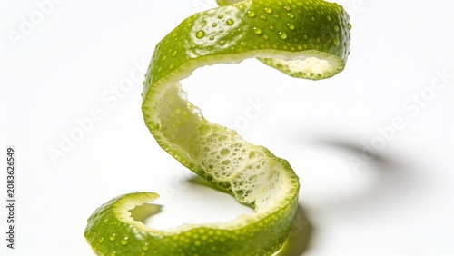 Fresh coiled lime zest spiral with water droplets on white background, droplets