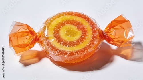 Single orange and yellow fruit flavored hard candy in a clear plastic wrapper
