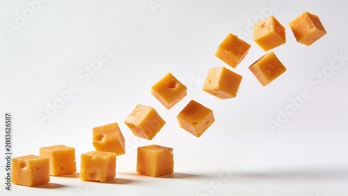 Levitating cubes of orange cheddar cheese isolated on white background
