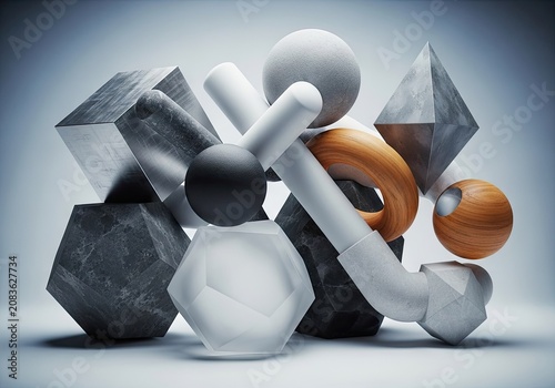 Abstract 3D geometric shapes composition on white background