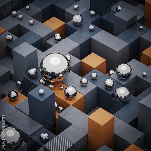 Abstract 3D composition with gray blocks and silver spheres.