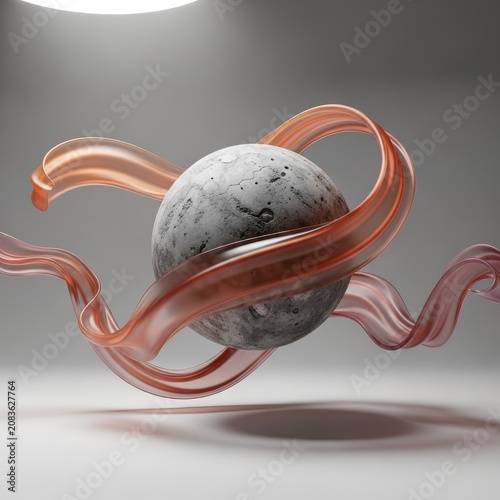 Abstract 3D sphere with flowing translucent pink ribbon