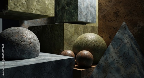 Abstract 3D stone spheres and geometric shapes arrangement.